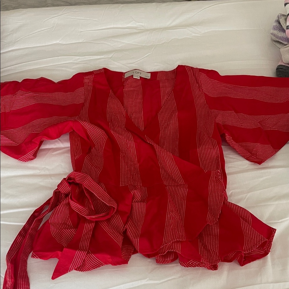 LOFT Red Striped Wrap Top